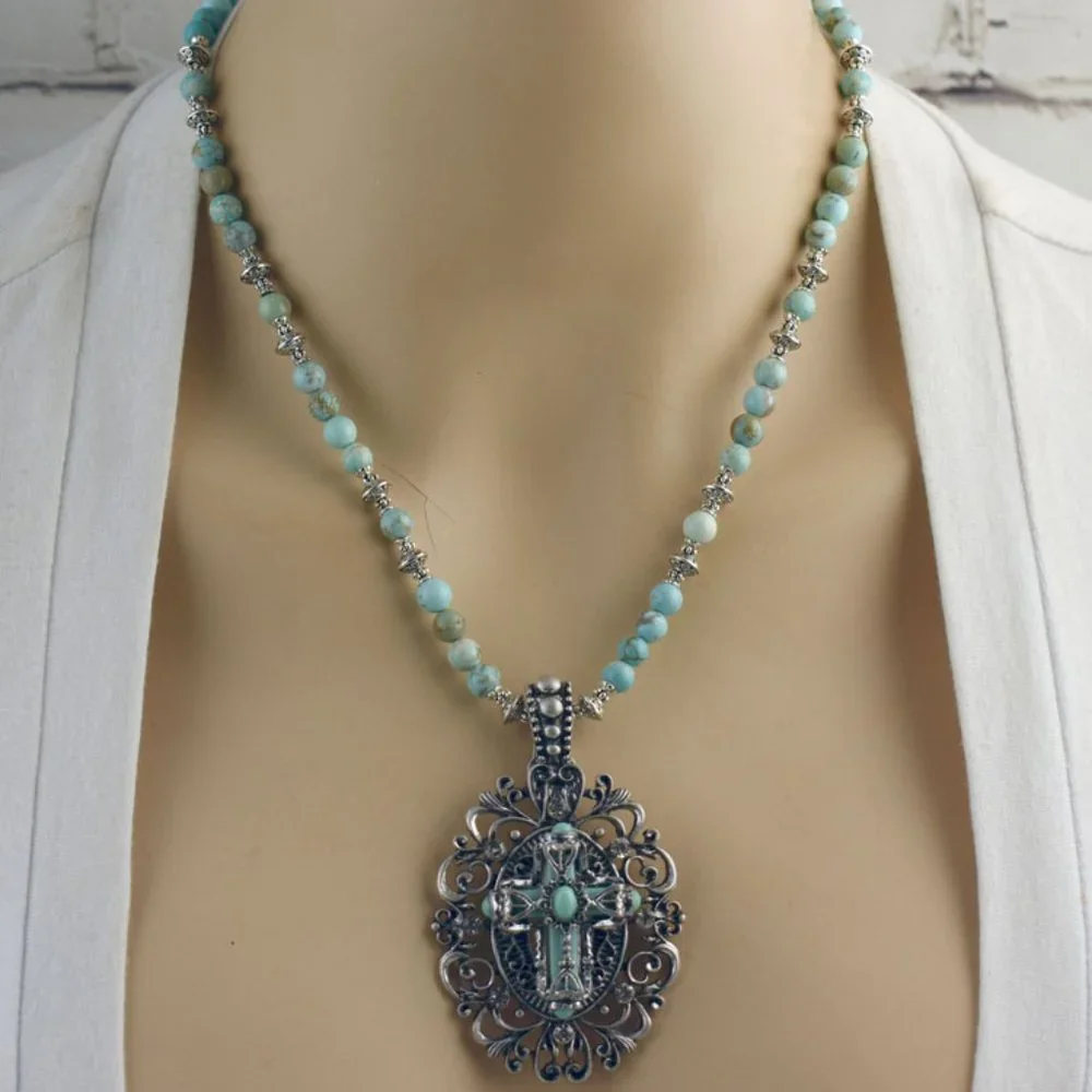 Turquoise Ornate Design Cross Necklace